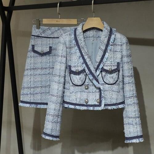 2020FW Atumn Fashion Women Tweed Jacket Coat + A-Line Skirt Female OL 2 Piece Sets Suits