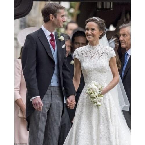 JIERUIZE Elegant Lace Wedding Dresses High Neck Short Sleeves Keyhole Back Long A Line Bridal Gowns vestido de noiva Bride Dress