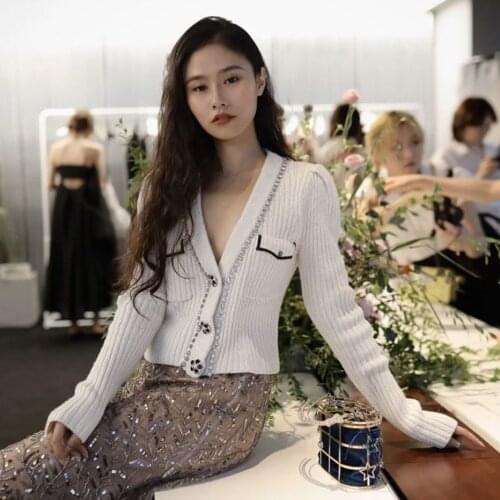 2021 Early Spring New Women Sweater Rhinestone Button V-neck Blended Knit Cardigan Jacket Sweater