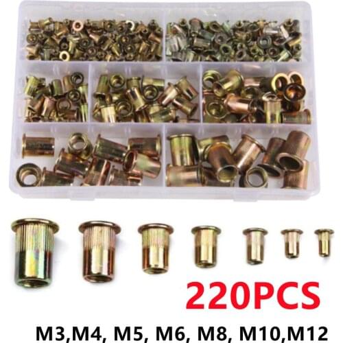 220pcs Box Carbon Steel Rivet Nuts Mix Carbon Steel M3 M4 M5 M6 M8 M10 M12 Flat Head Rivet Nuts Set Insert Rivets Hardware Parts