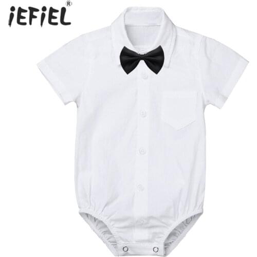 Baby Boy Clothes Cute Lapel Formal Gentleman Newborn Clothes Fashion Solid Color Button Up Baby Romper with Bow Tie 3-24 Months