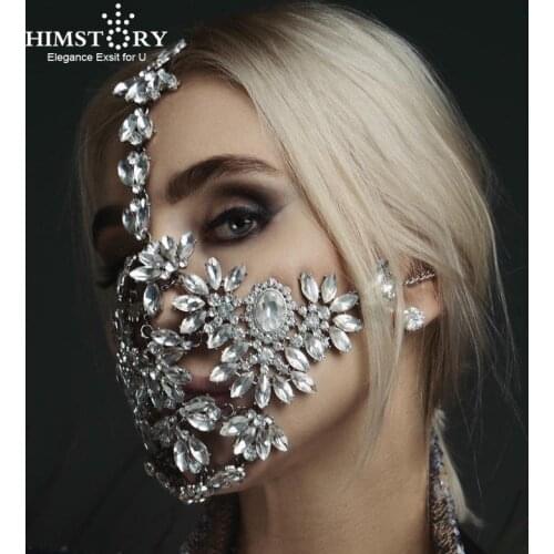 HIMSTORY Halloween Crystal Bling Mask Facial Jewelry for Women Statment Rhinestone Flower Decorative Mask For Party Dancing