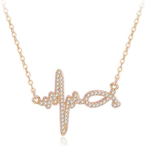 Juya Fahsion Choker Necklace Supplies Micro Pave Zircon Heart Heartbeat/ Electrocardiogram Pendant Necklace For Women Girls