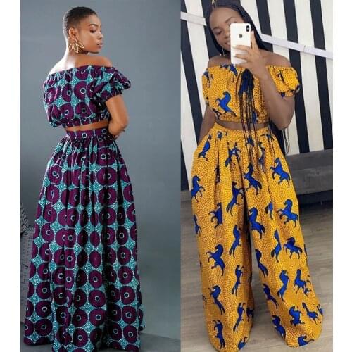 Two-piece Set Ankara African Clothing For Women Printed Short Tops Wide Leg Pants Casual Sexy Suit Beach Party Outfits Feminine