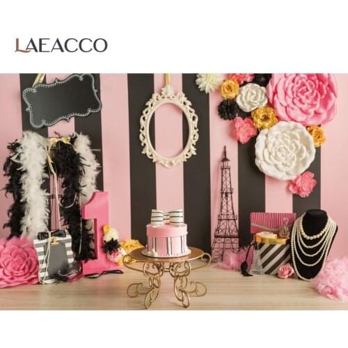 Laeacco Stripes Birthday Party Pink Flowers Cake Jewelry Girl Portrait Photo Background Photography Backdrop For Photo Studio