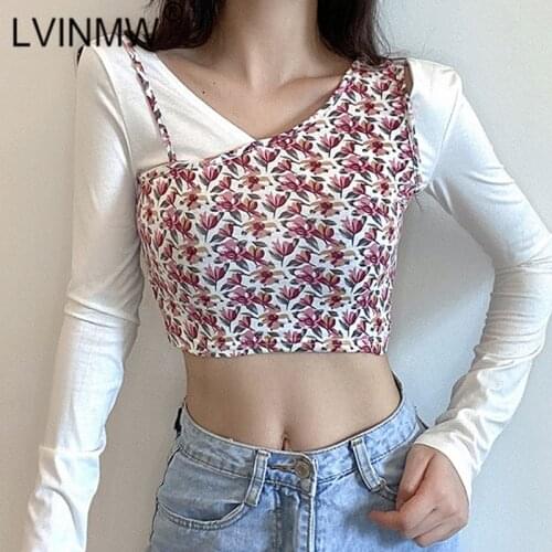 LVINMW Sexy V Neck Long Sleeve White Flower Print Crop Top Woman tshirts And Camis Tops Fashion Vintage T shirt Women Streetwear