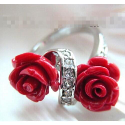Fashion jewelry Free Shipping AMAZING 12mm red carved rose flower coral rings b549^^@^NEW style Fine jewe Noble Natural