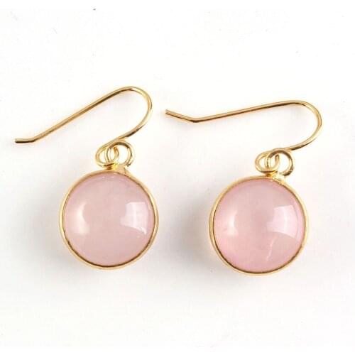 Trendy Light Yellow Gold Color Round Cabochon Rose Pink Quartz Dangle Earrings Black Agates Jewelry