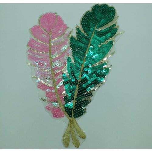 1pc sequin feather patches for clothes 15*23cm sew on green or pink feather parches for t-shirt or dress feather appliques