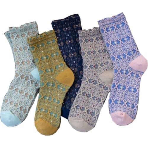 Retro Ethnic Style Women Socks Breathable Winter Japanese Harajuku Rhombus Plaid Floret Wearable Casual All-match Chaussettes