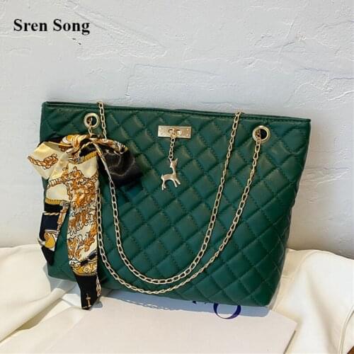 2021 New Large-capacity Handbags Women Fashion Rhombus Chain Shoulder Bags Deer Silk Scarf Bow Bags Large Capacity Shopping Bags