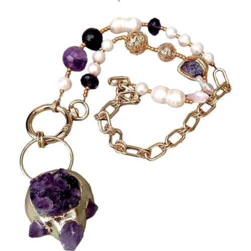 Cultured White Pearl Amethyst Necklace Purple Amethyst Raw Druzy Pendant 23"