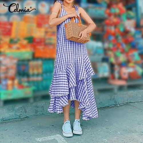Celmia Bohemian Dress Women Fashion Plaid Summer Sundress Sexy Straps Sleeveless Casual Ruffles Long Asymmetric Party Vestidos