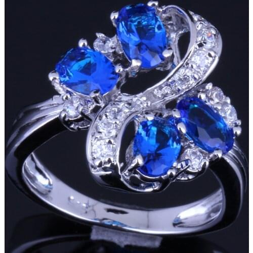Absorbing Plant Blue Cubic Zirconia White CZ Silver Plated Ring V0145