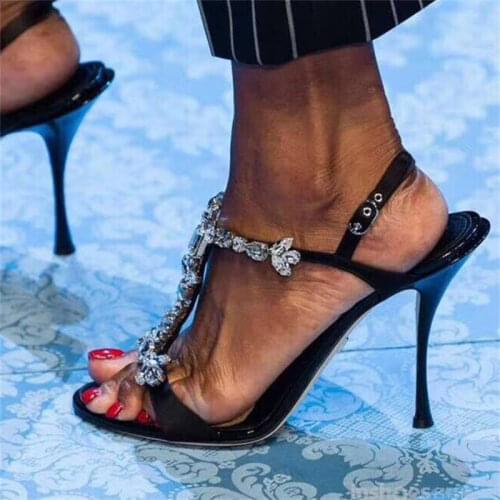 Stiletto High Heel Crystal Embellished Sandals Summer Sexy Open Toe T-strap Formal Dress Shoes Women Party Sandals