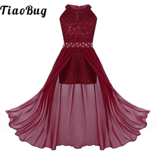 TiaoBug Kids Teens Lace Rhinestone Ballet Tutu Dance Leotard Ballerina Party Long Dress Girls Contemporary Lyrical Dance Costume
