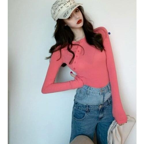 WOMENGAGA Korean Solid Color Slim Long Sleeve Oblique Buckle Bottomed Tops Spring All-match Casual Cotton T-shirt S7WH