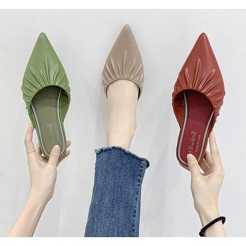 Summer New Outside Half Slippers Womens Fashion Toe-Pointed Wrinkle PU Sandals Female Durable Anti-skid Rubber Soled Slides