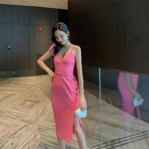 2020 Summer Party Dresses Women Evening Clothe V-neck One Shoulder Red Dress Ladies Sheer Slip Sexy Dress Women Roupa Feminina
