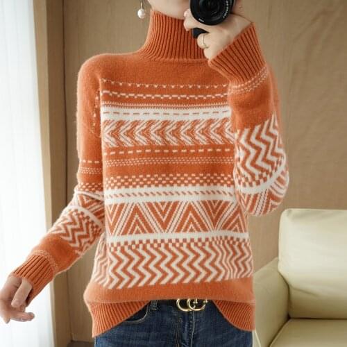 Womens pullover 2021 winter new 100% pure wool sweater casual stitching turtleneck cashmere sweater plus size knitted tops