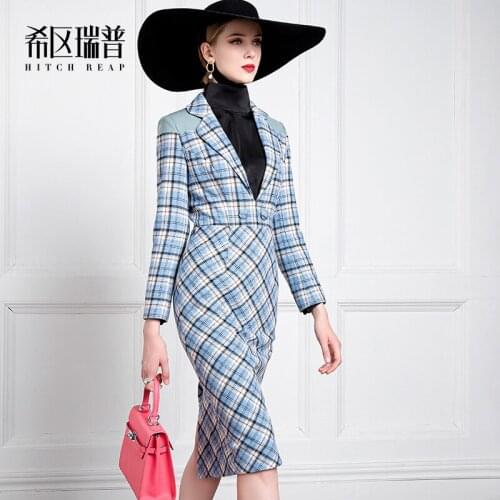 High End Temperament Lattice Slim Skirt 2021 Spring And Autumn Fashion Suit Collar Over The Knee Dress