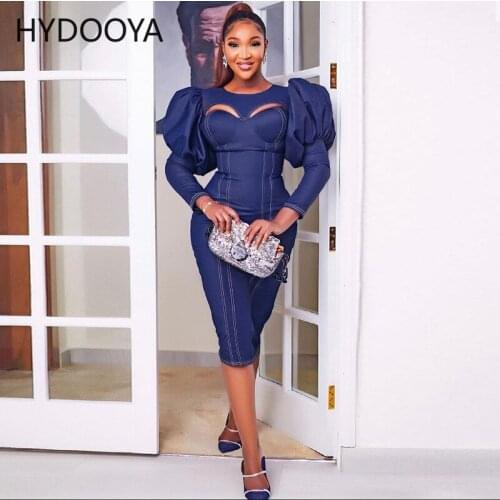 Women Solid O-neck Long Puff Sleeves Bodycon Mini Dress Sexy Party Clubwear Denim Pencil Dresses Autumn Cut Out Package Hip Robe