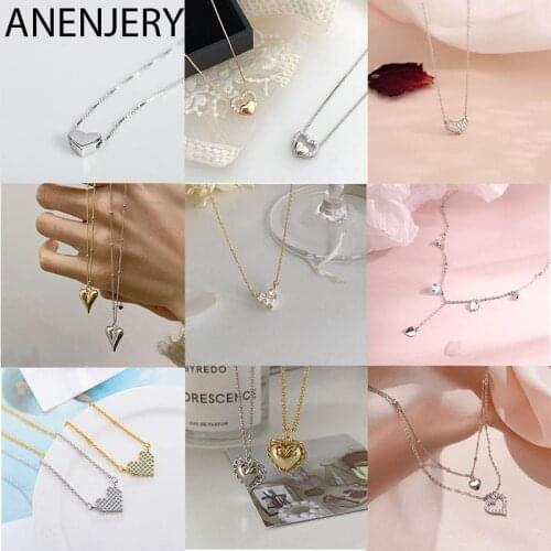 ANENJERY 925 Sterling Silver Heart Necklace for Women Girl Simple Temperament Couple Jewelry Gift