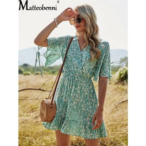 2021 Summer Women New V-Neck Bat Sleeve Shirring Elastic Waist Fashion Casual Loose A-Line Dress Bohemia Green Print Midi Dress