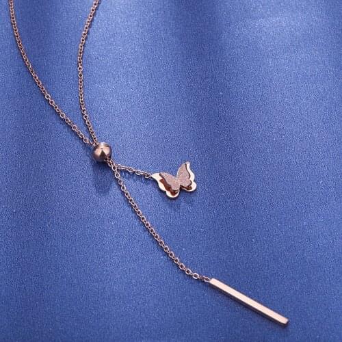 ZooMango Titanium Stainless Steel Animal Pendant Necklaces For Girl Double-layer Frosted Butterfly Tassel Clavicle Chain ZN20030