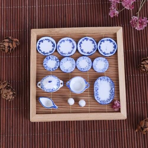 15Pcs/set Cute Blue Mini Dollhouse Ceramic Printing Tableware Bowl Food Dishes Plates Kitchen Toy