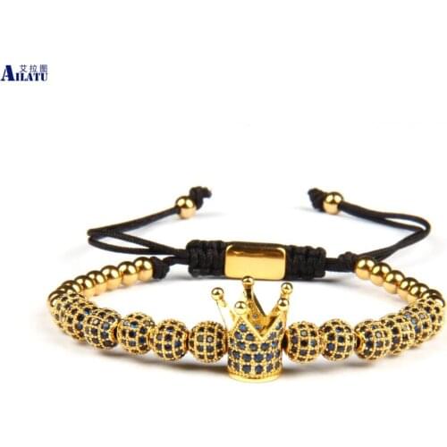 Ailatu Luxury Blue Cz Crown Braided Bracelet Wholesale 5pcs/lot 4mm Stainless Steel Jewelry