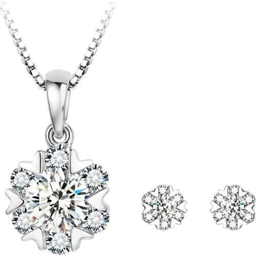 New Sweet Women Snowflake Stud Earrings Necklace Set 925 sterling silver Zircon Jewelry Sets for Valentines Day Gift