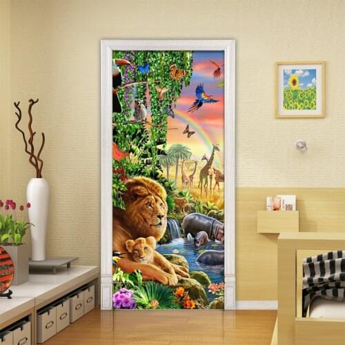 2 Pieces/Set Creative DIY 3D Wall Door Stickers Animal World Lion Forest Wallpaper Kids Bedroom Home Decor Door Decals 3D Poster