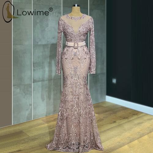 Muslim Long Sleeve Mermaid Evening Dresses Beaded Illusion V Neck Dubai Floor Length Robe De Soiree Prom Party Formal Dresses