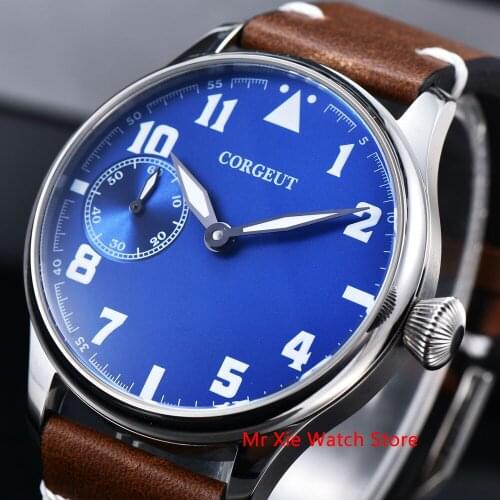 Corgeut 44mm Watch Men 17 Jewels Hand Winding 6497 Movement Luminous Waterproof Mechanical Wristwatches Leather Strap