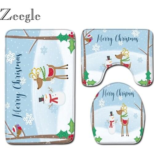 Zeegle Christmas Mat Set for Toilet Decoration Bathroom Absorption Floor Mat 3pcs Toilet Rug Set Bath Polyester Bath Foot Rug