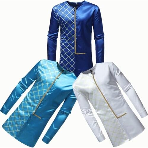 Nylon Fabric Summer Africa Traditional Clothing African Dashiki Shirt Men Navy Blue White