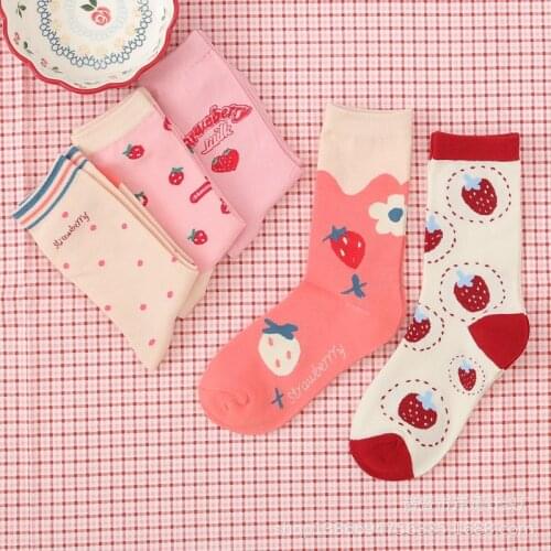 Autumn and Winter New Cotton Tube Womens Socks Personality Strawberry Girl Socks Fresh Kawaii Sweet Wind High Tube Trendy Socks