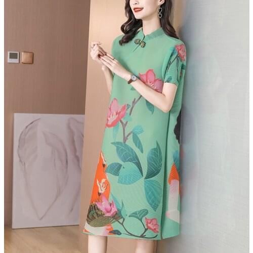 Vintage Print Improved Cheongsam Miyak Pleated Loose Plus Size Chinese Style Retro Buckle Split Fork Midi Dress Female Qipao