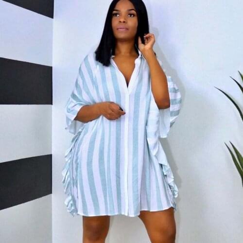 TNNAOFF Cute Striped Loose Midi Dress for Women Birthday Outfits Summer Fashion Long Sleeve Button Lounge Wear T Shirt Dresses