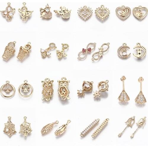 2Pcs Brass Cadmium Free Lead Free Light Golden Long-Lasting Plated Micro Pave Cubic Zirconia Pendants Charms For Jewelry Making