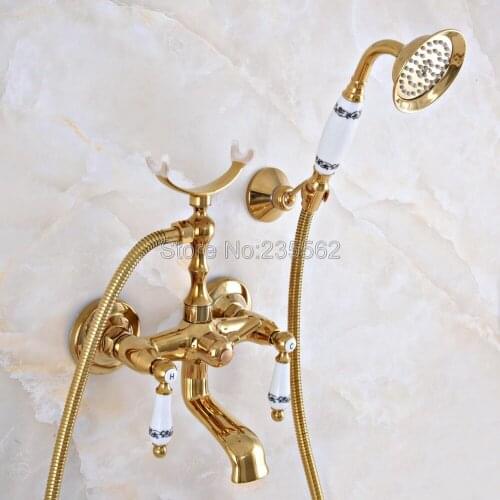 Luxury Gold Color Brass Bath Shower Faucet Set Dual Knobs Wall Mounted Bathtub Mixers with Handshower Swive Tub Spout lna904