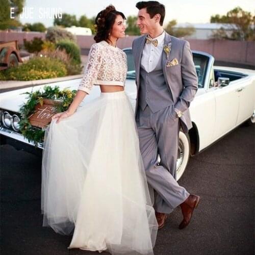 E JUE SHUNG Modest White Two Pieces Wedding Dresses O Neck Half Sleeves Lace Crop Top Tulle Bridal Dresses Vestido de noiva