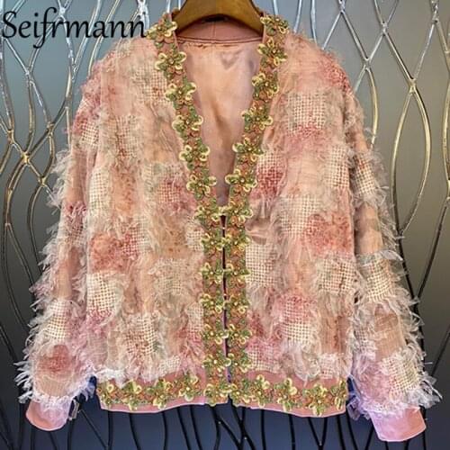 Seifrmann New 2021 Autumn Women Fashion Designer Coats Lantern Sleeve Gorgeous Crystal Sequined Short Jacket Woolen Overcoat