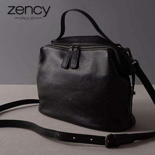 Zency Retro Black Women Handbag 100% Genuine Leather Lady Casual Tote Fashion Female Crossbody Messenger Purse Grey Shoulder Bag