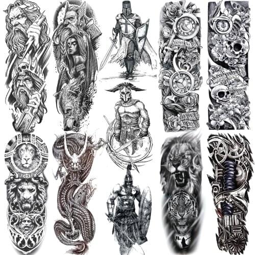 Black Military Maori Totem Temporary Sleeve Tattoos For Men Realistic Fake Full Arm3D Dragon Skull Wolf Lion Robot Tatoos Paste