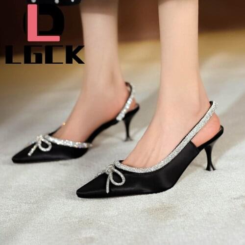 Summer Shining Elegant Women Pumps Silk Satin Pointy Toe Rhinestone Crystal High Heels Shoes Slip on Women Wedding Pumps Sandal