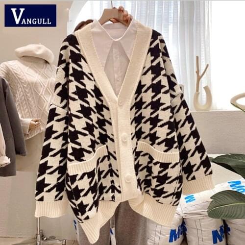 Vangull Fashion Plaid Sweater Women Houndstooth Oversized Cardigans 2021 Autumn Winter New Loose V-Neck Knitted Ladies Sweater