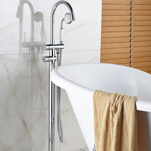 Vidric Bright Chrome Solid Brass Floor Standing LED Faucets Dual Handles Waterfall Spout With Handshower Bathroom Tub Shower Mix