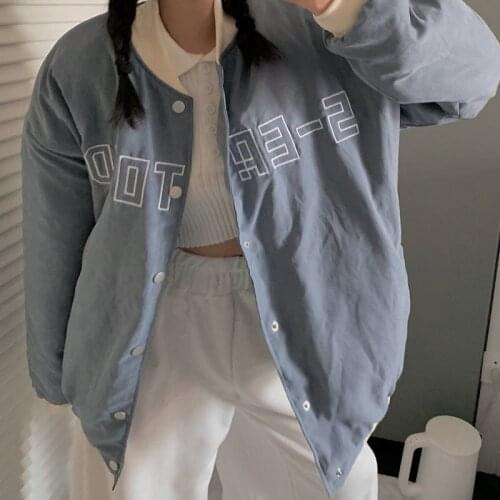 Vintage Letter Embroidered Baseball Jacket Women Long Sleeve Button Loose Jackets Korean Style Harajuku Casual Baseball Uniform